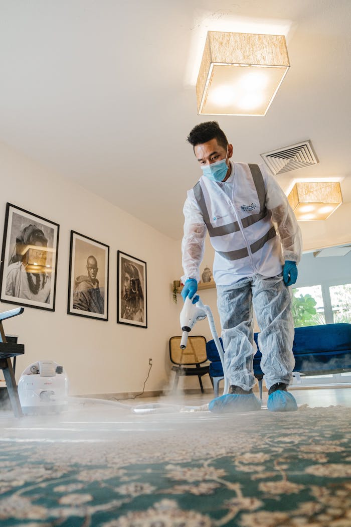 hero-img-01 A professional in protective gear steam cleans carpet indoors, maintaining hygiene.