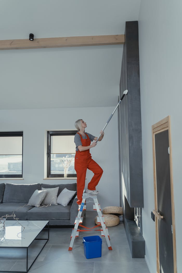 services-01 Woman in overalls on a ladder cleaning a high wall in a stylish modern living room.
