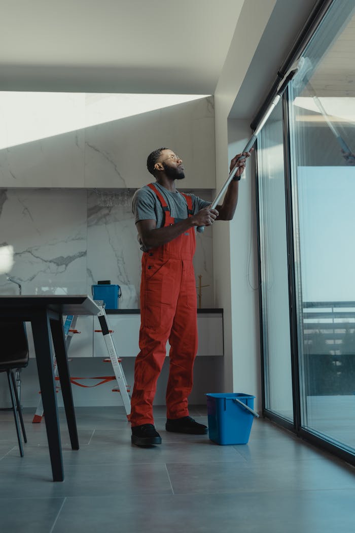 hero-img-02 A man in coveralls cleans a large window in a stylish, modern home interior.